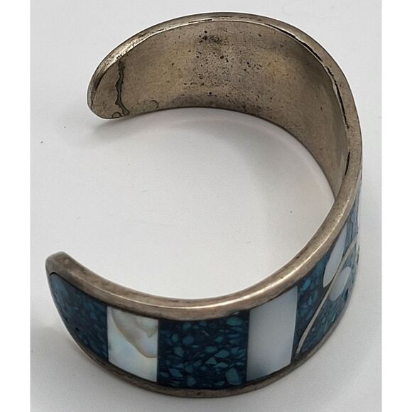 Turquoise Mother of Pearl Abalone Inlay Sterling Silver Bangle Bracelet Signed - Picture 5 of 5